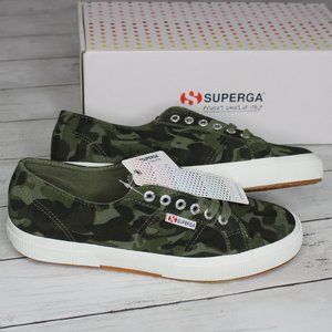 Superga Women's Sneakers Leather Size 10 41.5 Lace Green Camo